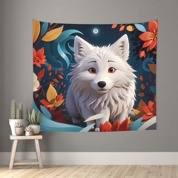 Xecao White Wolf With Flowers patten Tapestry 60x51 Inches Wall Hanging Poster Tapestry for Living Room Bedroom Home Decor