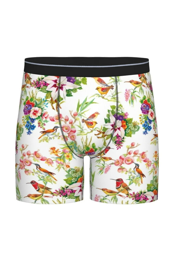 Wild Exotic Birds And Flowers Print Boxer Briefs for Men's Stretch Moisture-Wicking Underwear, Mid-Rise Classics breathable fabric