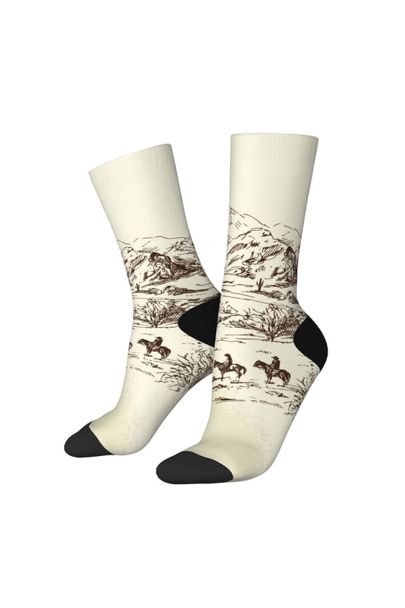 Wild West Desert With Cowboys Pattern Sport Socks for Women and Men Crew Socks Sporty Calf Socks Casual Socks