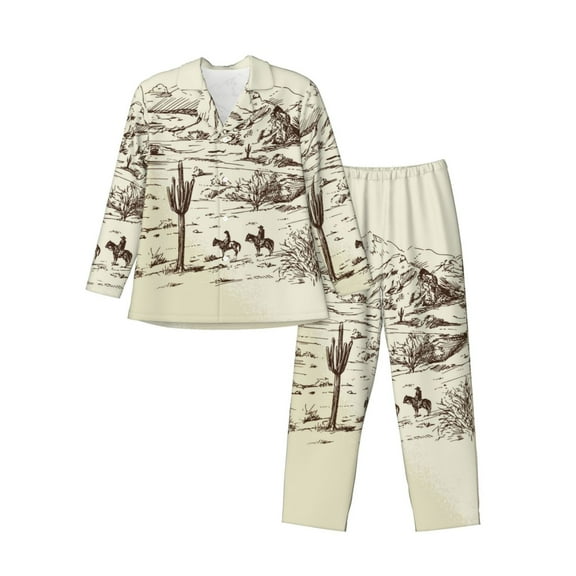 Xecao Wild West Desert With Cowboys Print Pajamas Set Mens Pajamas Long Sleeve Loungewear Two-Piece Sleepwear Button-Down Pjs Set,2PJS-X-Large