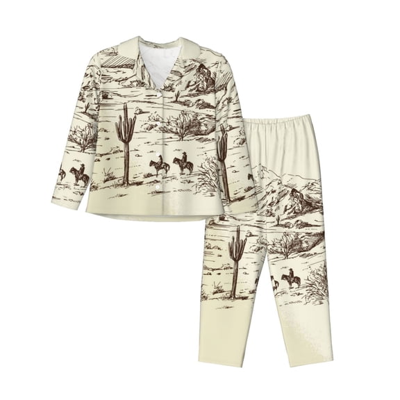 Xecao Wild West Desert With Cowboys Print Women Pajamas Set Soft Sleepwear Pjs long Sleeve Button Down Nightwear with Long Pants