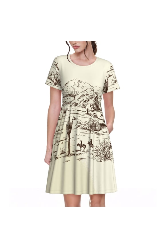 Wild West Desert With Cowboys for Women Summer Short Sleeve Midi Dress with Pockets Casual Aline Flowy Tshirt Dress Vocation Beach Sundress