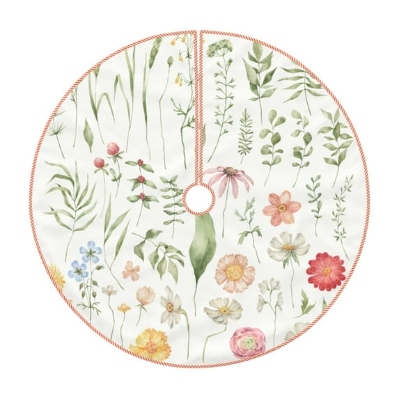 Xecao Wildflower Watercolor 2 Pattern Christmas Tree Skirt Round Xmas Tree Mat Base Cover for Holiday Home Decorations-48"