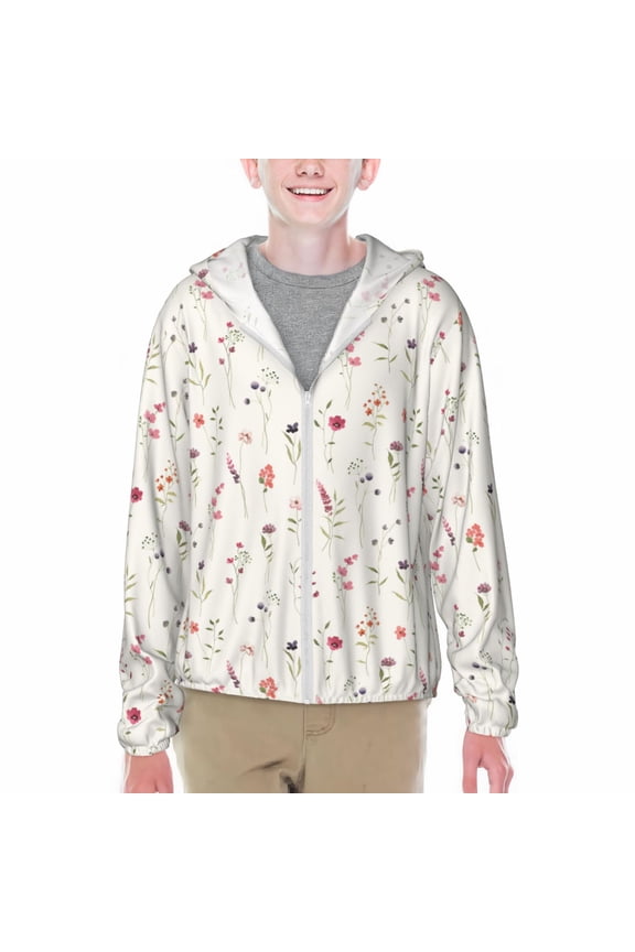 Wildflower Watercolor Print Fishing Shirts for teenager Long Sleeve UV Sun Protection Hoodie with Zipper Outdoor Hiking Shirts-Small