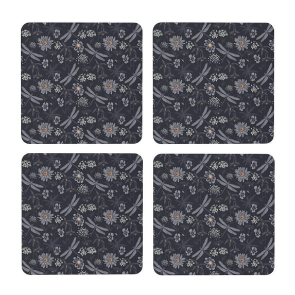 Xecao Wildflowers And Dragonflies for MDF Cork Coaster 4 Pcs,Drink Coasters,Suit for House Warming Gifts New Home ,Coffee Table Decor-Square