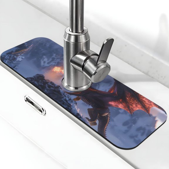 Xecao Winter Fire Dragon for Kitchen Sink Splash Guard Faucet Mat , Faucet Guard & Draining mat, (15" X 5.5" )