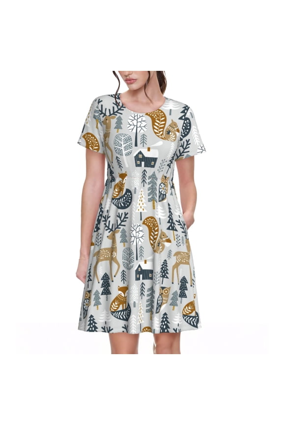 Winter Forest Animals for Women Summer Short Sleeve Midi Dress with Pockets Casual Aline Flowy Tshirt Dress Vocation Beach Sundress