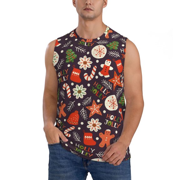 Xecao Winter Holiday Christmas Print Men's Tank Top: Sleek Sleeveless Tee for Casual Sports and Beach Occasions-Small