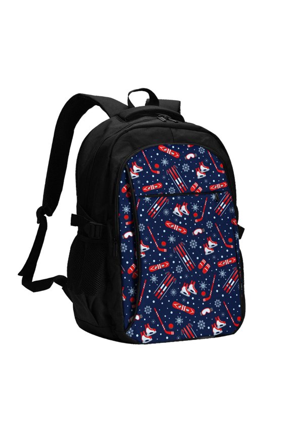Winter Sports Fun Pattern for Travel Laptop Backpack, USB-Charging-Enabled, Spacious Business Backpack for Men and Women,College School Computer Bag