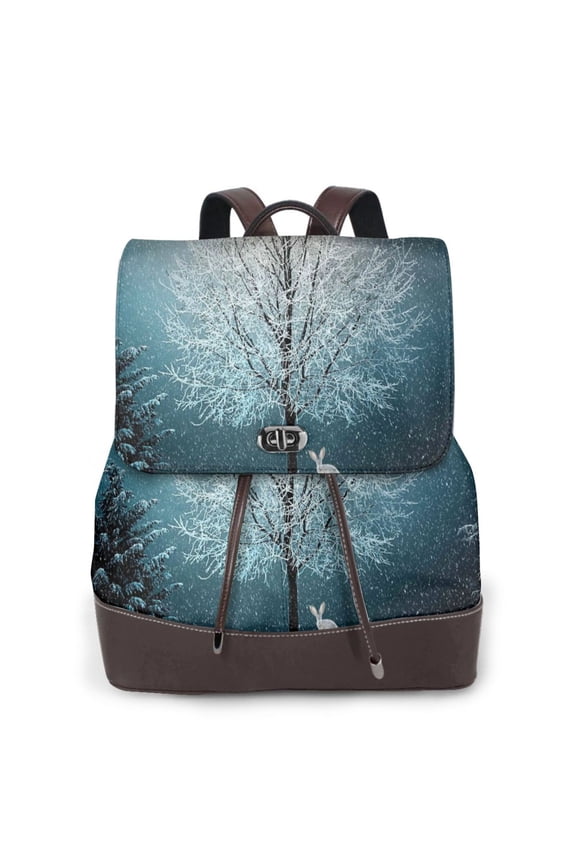 Winter Rabbit Print Large Backpack Soft Leather for Women Travel with Compartment, Adjustable Convertible Strap