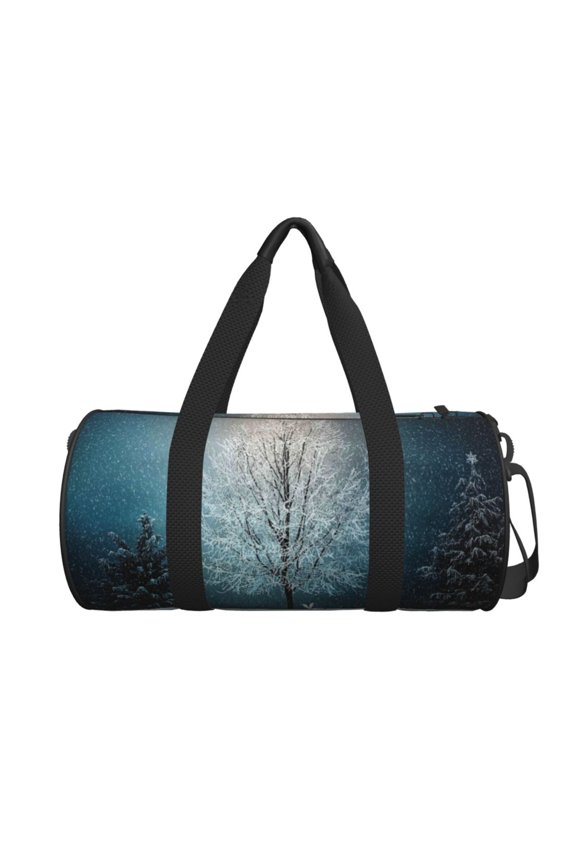 Winter Rabbit print Round Travel Duffel Bag is a foldable gym bag with an inner pocket, perfect for travel sports