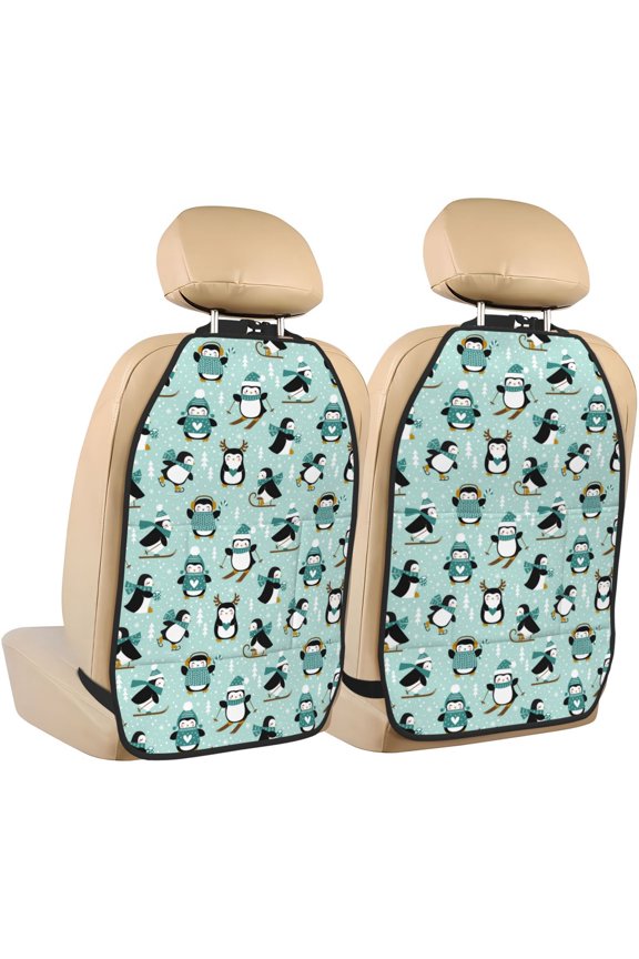 Winter Skiing Penguin Pattern Car Seat Back Protector 2 Pack Large Capacity Pocket, Kick Mats Back Seat Protector