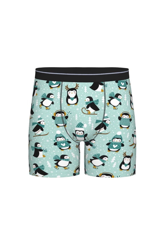 Winter Skiing Penguin Print Boxer Briefs for Men's Stretch Moisture-Wicking Underwear, Mid-Rise Classics breathable fabric