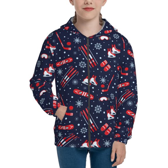Xecao Winter Skiing Snowflakes Pattern Zip Up Hoodies for Boys Girls, Sweatshirt with Pockets-Small
