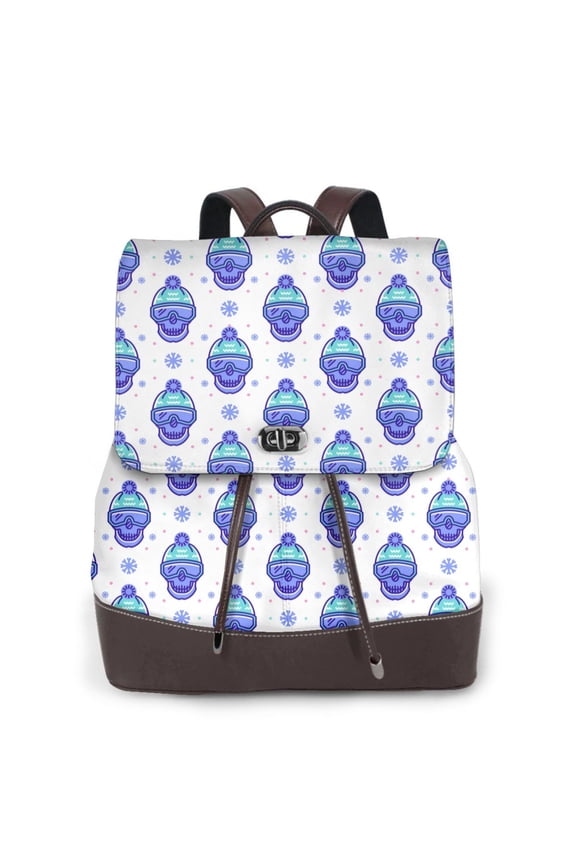Winter Snowflake Skiing Skull Print Large Backpack Soft Leather for Women Travel with Compartment, Adjustable Convertible Strap