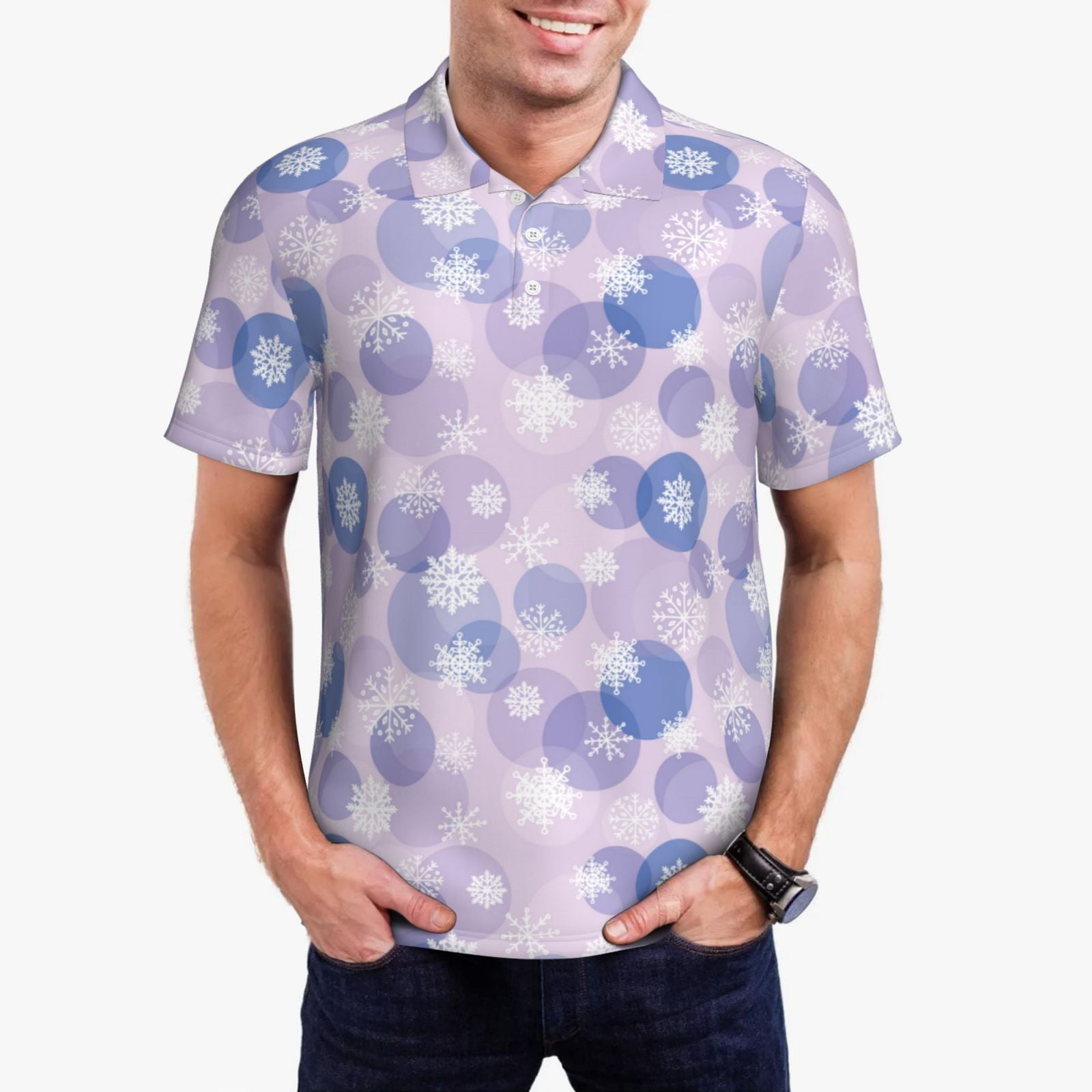 Xecao Winter With Snowflakes Mens' Casual Short Sleeve ButtonDown Polo