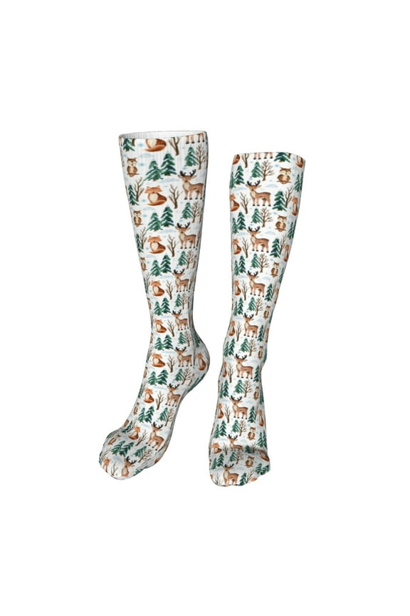 Winter Woodland Friends Print Calf Socks Seamless Toe, Knee High Long Socks, Sports Socks Trouser Socks for Women and Men-One Size