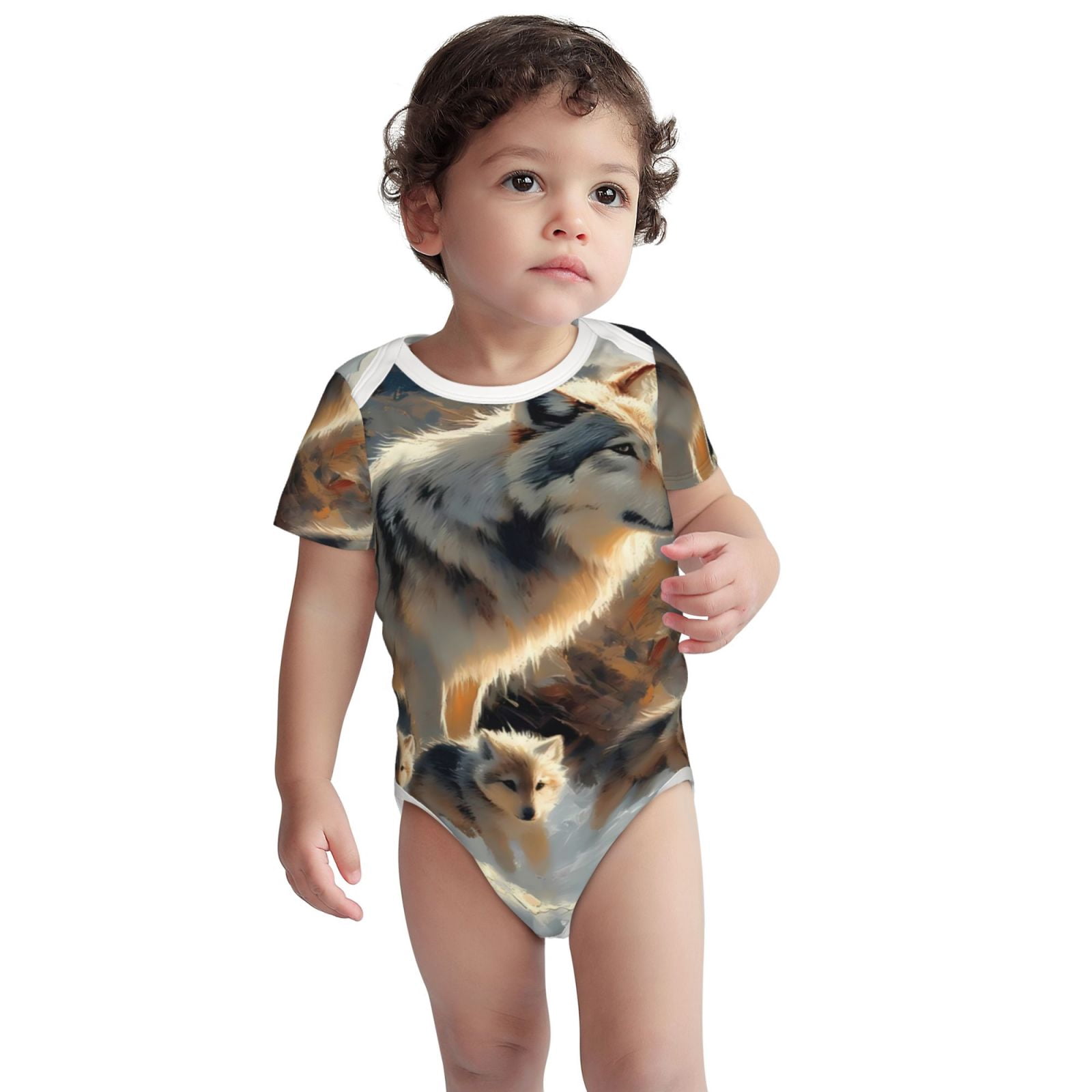 Xecao Wolf Family Winter Wonderland Print Baby and Toddler Short Sleeve Bodysuit,One-piece 100% Organic Cotton for Infant Baby-2 Years
