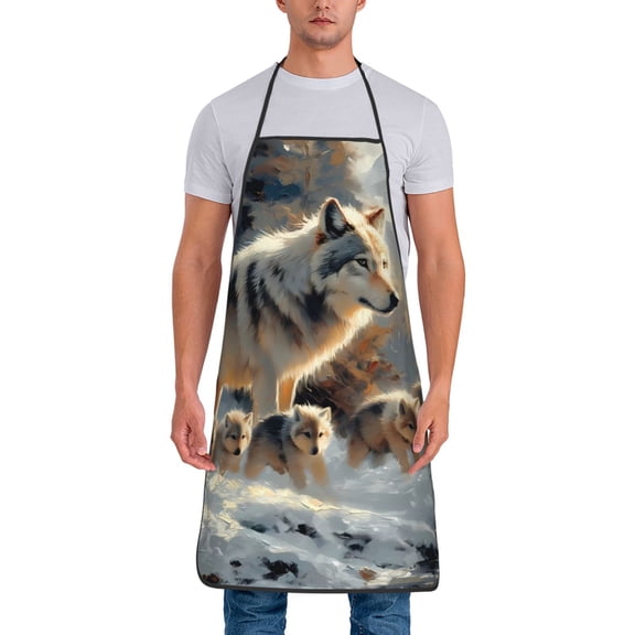 Xecao Wolf Family Winter Wonderland Print Funny BBQ Chef Aprons for Men Women,Adjustable Kitchen Cooking Aprons with Pocket Waterproof Oil Proof No Pilling Fading