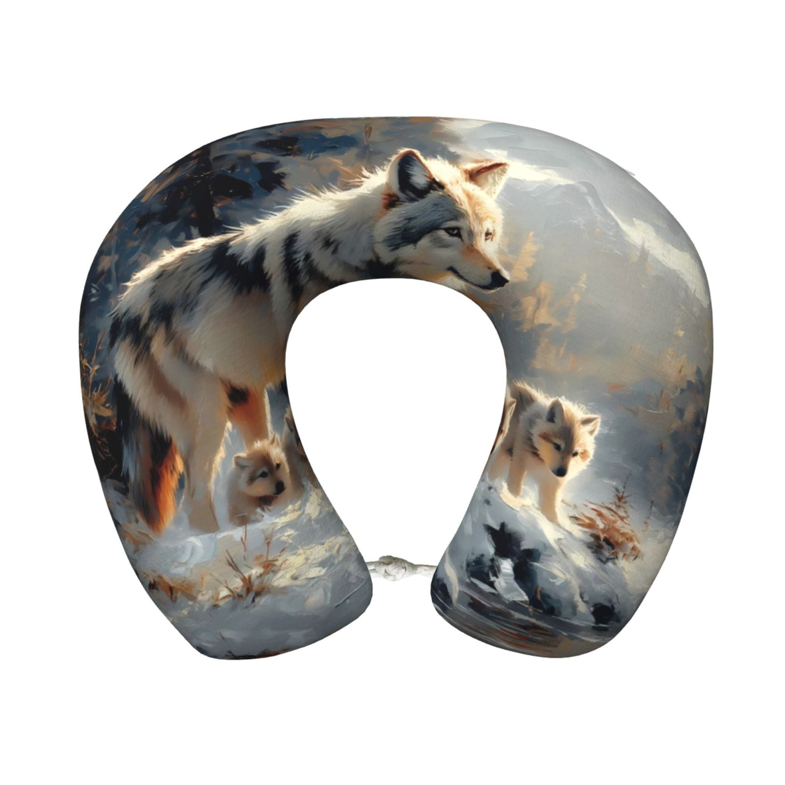 Xecao Wolf Family Winter Wonderland Print Memory Foam Cervical Neck Pillow Versatile U-Shaped Pillows for Home,Office,Camping,Travelling,Soft Washable Cover