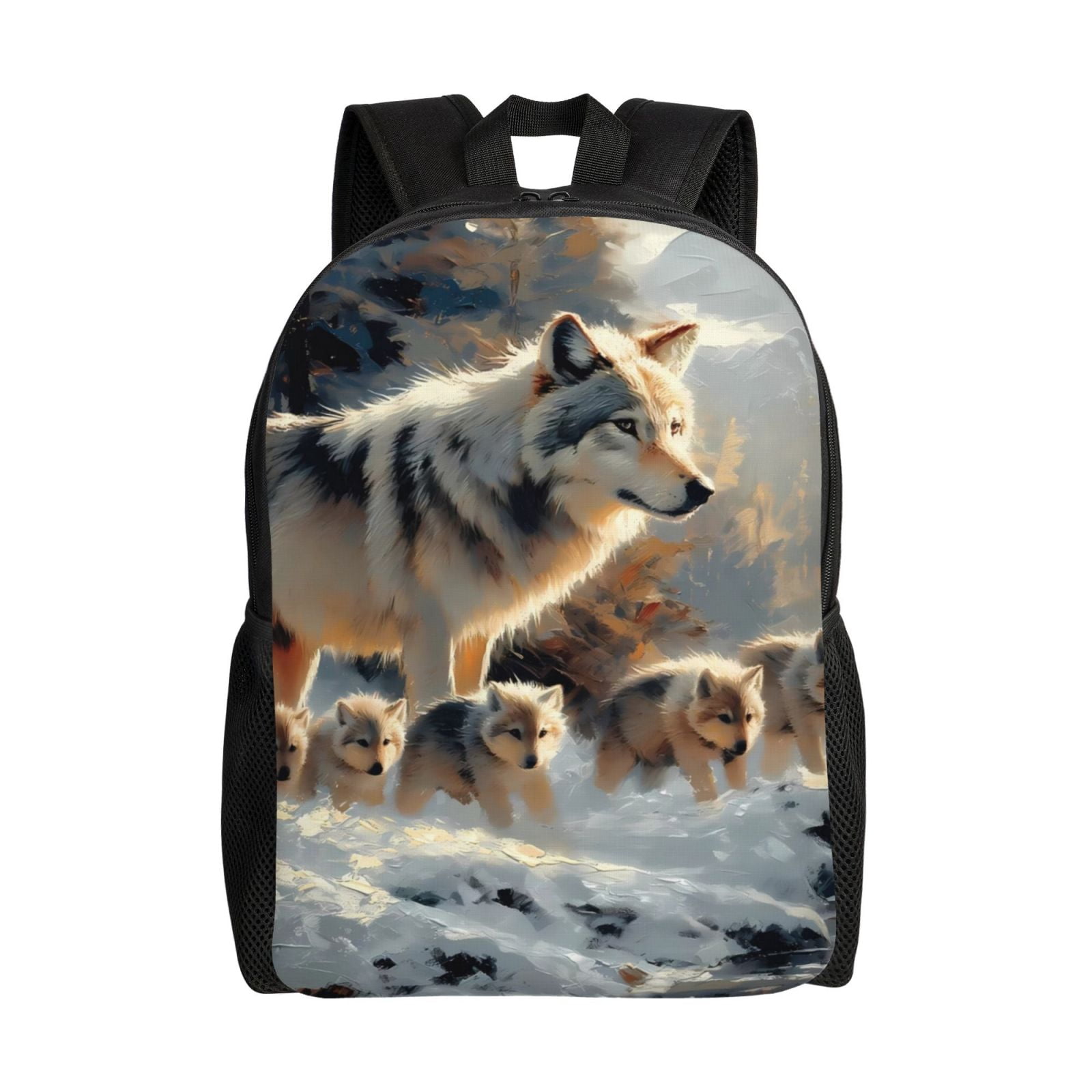 Xecao Wolf Family Winter Wonderland Print School Backpack with Laptop Compartment Small Travel Laptop Backpack for Women Men Waterproof College Backpack Simple School Bag