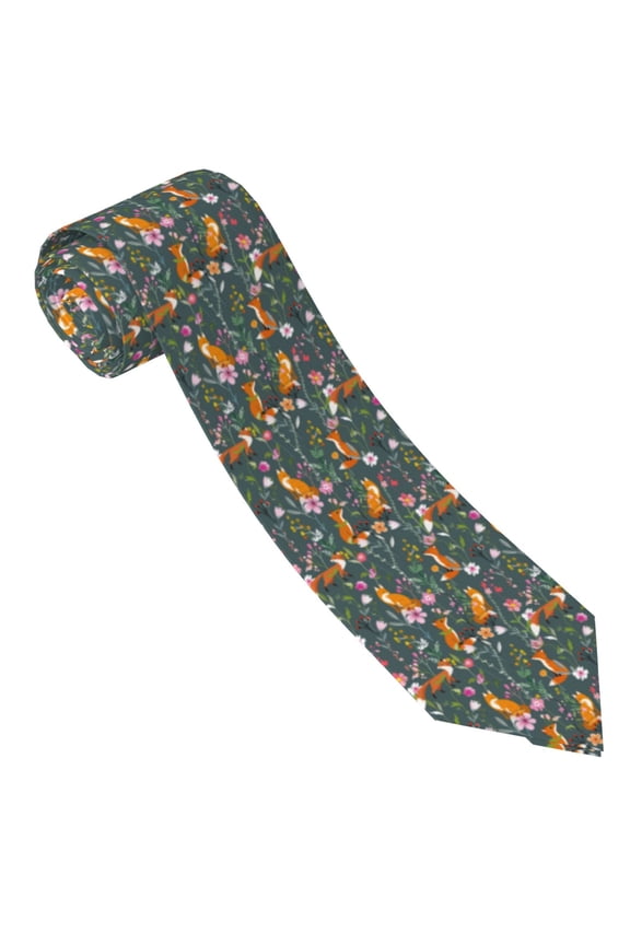 Wolf Fox In Flower Forest Print Tie For Men Necktie Woven Jacquard Neck Ties,Classic Men's Tie