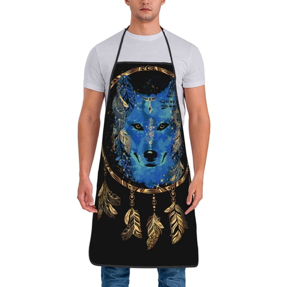 Xecao Wolf Head And Dreamcatcher Print Funny BBQ Chef Aprons for Men Women,Adjustable Kitchen Cooking Aprons with Pocket Waterproof Oil Proof No Pilling Fading