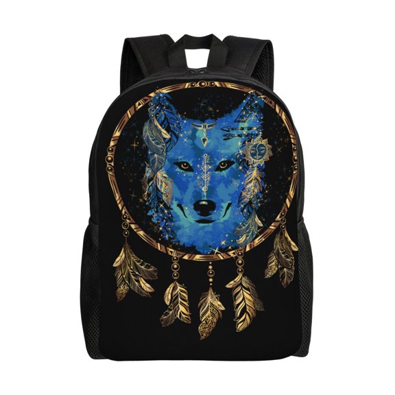 Xecao Wolf Head And Dreamcatcher Print School Backpack with Laptop Compartment Small Travel Laptop Backpack for Women Men Waterproof College Backpack Simple School Bag