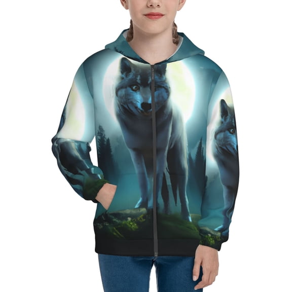 Xecao Wolf Pattern Zip Up Hoodies for Boys Girls, Sweatshirt with Pockets-Small