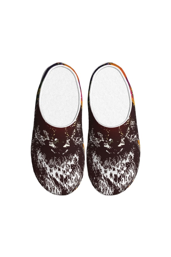Wolf With Wildflowers Print Cotton Slippers Fuzzy Warm Cozy Slippers Non Slip House Slippers For Indoor Outdoor Cotton Slippers House Slippers-39/40