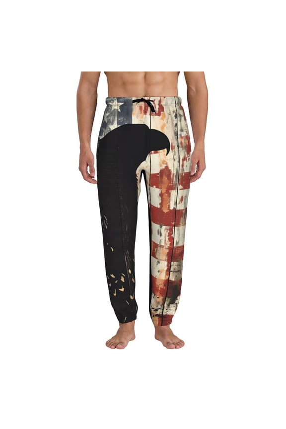 Wood Grain Bald Eagle Print Active Tech Joggers for Men, Mens Sweatpants Lounge Pants with Pockets-Small