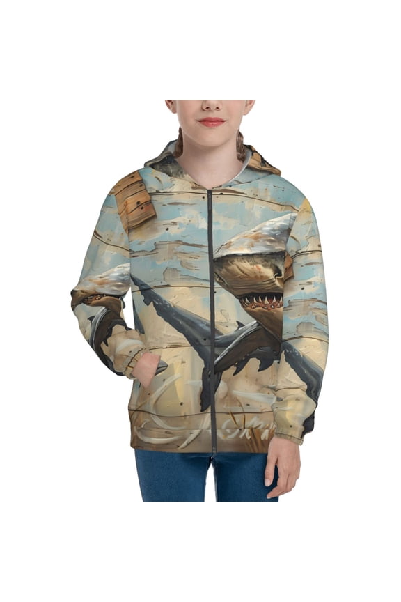 Wood Grain Shark Pattern Zip Up Hoodies for Boys Girls, Sweatshirt with Pockets-Small