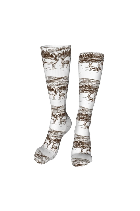 Woodland Forest With Deers Print Calf Socks Seamless Toe, Knee High Long Socks, Sports Socks Trouser Socks for Women and Men-One Size