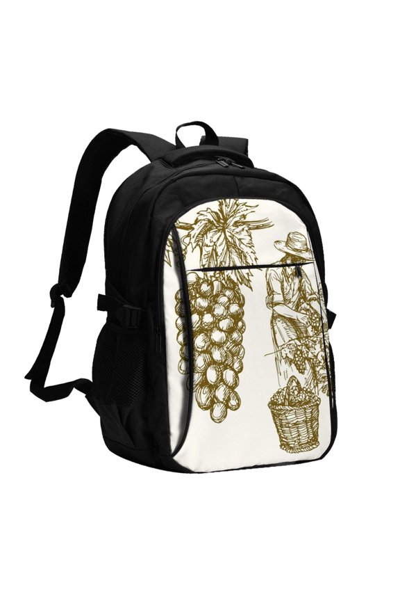 Workers Cutting Grapes From Vineyard for Travel Laptop Backpack, USB-Charging-Enabled, Spacious Business Backpack for Men and Women,College School Computer Bag