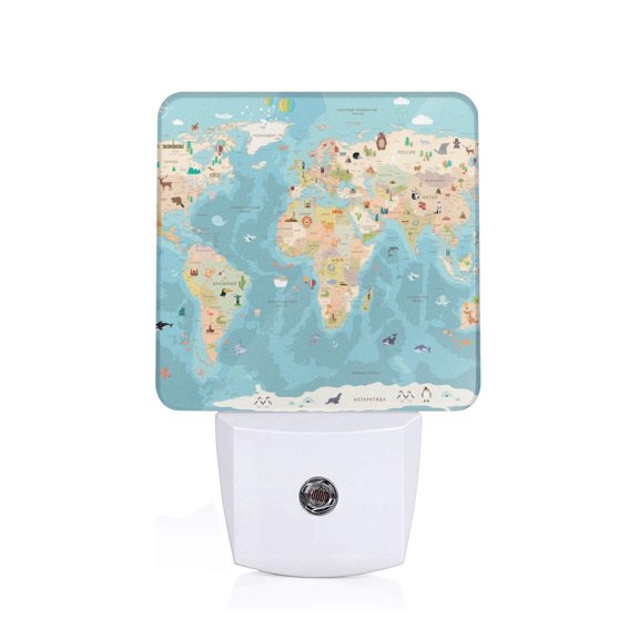 Xecao World Map With Animals 1 for Night Light - a Wall-mounted LED Fixture with A Dusk-to-dawn Sensor, Ideal for Bedrooms, Bathrooms, Hallways, and Kitchens-EU