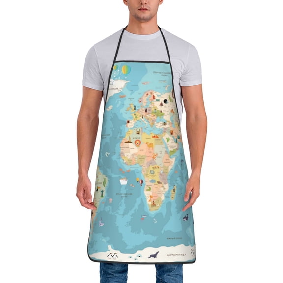 Xecao World Map With Animals 1 Print Funny BBQ Chef Aprons for Men Women,Adjustable Kitchen Cooking Aprons with Pocket Waterproof Oil Proof No Pilling Fading
