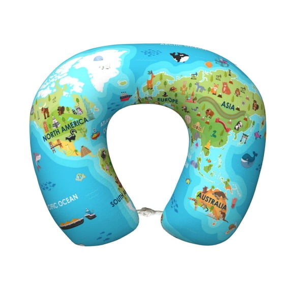 Xecao World Map With Animals Landmarks Print Memory Foam Cervical Neck Pillow Versatile U-Shaped Pillows for Home,Office,Camping,Travelling,Soft Washable Cover