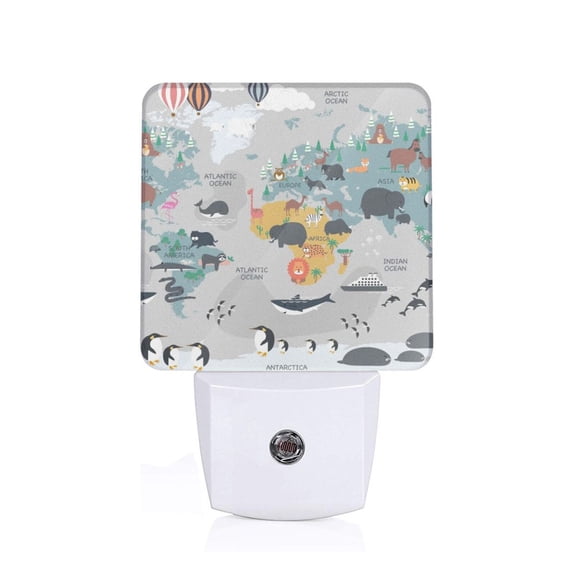 Xecao The World Map with Cartoon Animals for Night Light - a Wall-mounted LED Fixture with A Dusk-to-dawn Sensor, Ideal for Bedrooms, Bathrooms, Hallways, and Kitchens-US