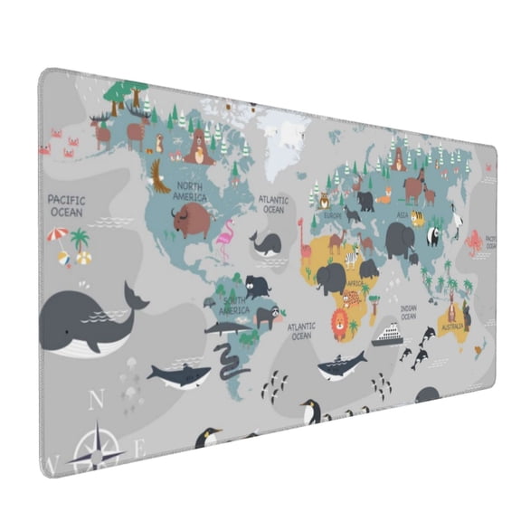Xecao The World Map with Cartoon Animals Print Large Mouse Pad, 16x35.5in Mousepad, Professional Non-Slip Rubber Base Big Mouse Pad, Mouse Pad for Gaming & Office Full Desk Mouse Pad