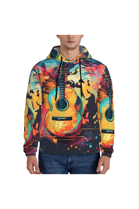 World Map Guitar Illustration Pattern Men's Adult Pullover Hoodie,Hooded Sweatshirt-Medium