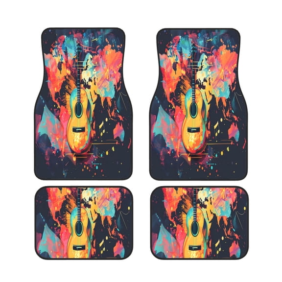 Xecao World Map Guitar Illustration Print Car Foot Mat Set of 4 Pieces Neoprene All-Weather Dust-Proof Stain-resistantCar Interior Decorative mats Non-Slip Mats