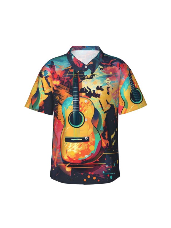 World Map Guitar Illustration Print Hawaiian shirt - A Stylish Short-Sleeve Button-Down for Men, Perfect for Casual Beach and Tropical Outings.,XX-Large