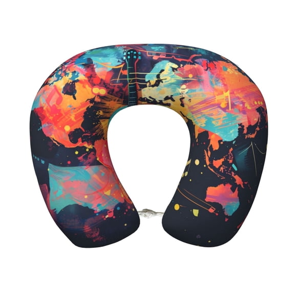 Xecao World Map Guitar Illustration Print Memory Foam Cervical Neck Pillow Versatile U-Shaped Pillows for Home,Office,Camping,Travelling,Soft Washable Cover