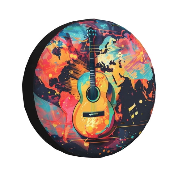 Xecao World Map Guitar Illustration for Tire Covers,Wheel Tire Cover Waterproof, Dust-Proof, And Universally Fitting for Cars,Trailers, SUVs-14 inch