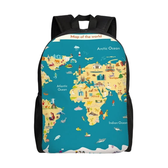 Xecao World Map With Landmarks Print School Backpack with Laptop Compartment Small Travel Laptop Backpack for Women Men Waterproof College Backpack Simple School Bag