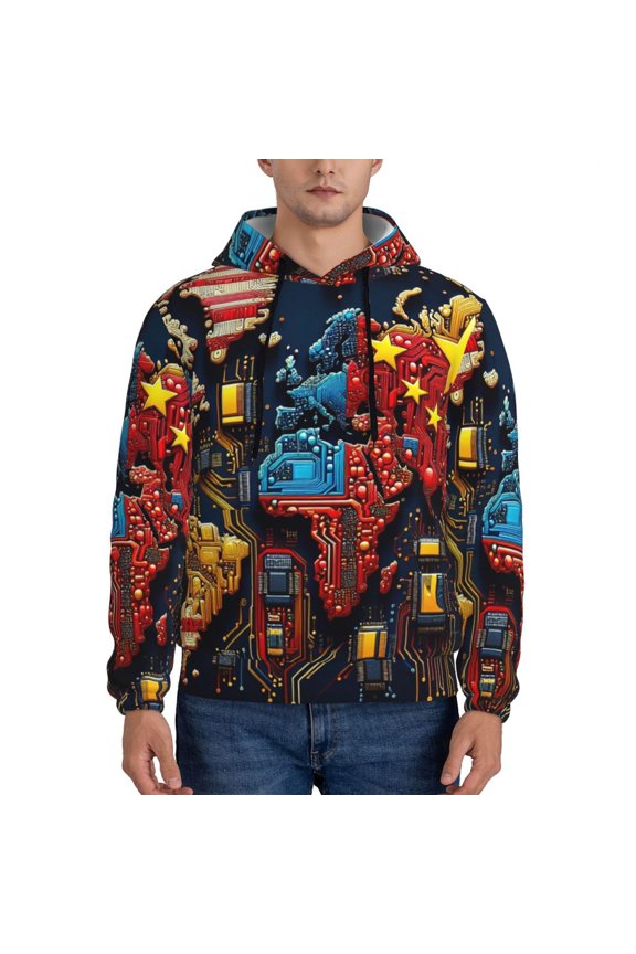 World Map Of Digital Circuits Pattern Men's Adult Pullover Hoodie,Hooded Sweatshirt-Medium