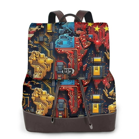 Xecao World Map Of Digital Circuits Print Large Backpack Soft Leather for Women Travel with Compartment, Adjustable Convertible Strap