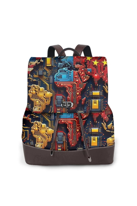 World Map Of Digital Circuits Print Large Backpack Soft Leather for Women Travel with Compartment, Adjustable Convertible Strap