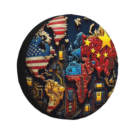 Xecao World Map Of Digital Circuits for Tire Covers,Wheel Tire Cover Waterproof, Dust-Proof, And Universally Fitting for Cars,Trailers, SUVs-14 inch