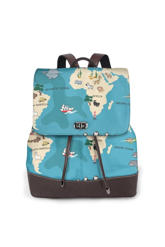World Map With Animal Print Large Backpack Soft Leather for Women Travel with Compartment, Adjustable Convertible Strap